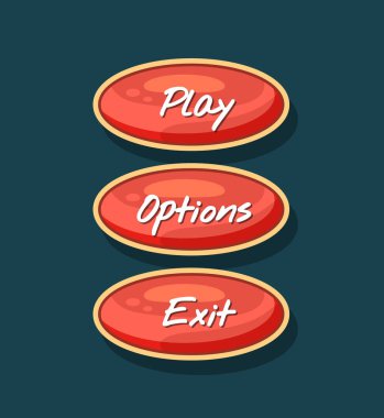 Bilgisayar oyunu menüsü için yaratıcı navigasyon kartı. Oyun, seçenekler ve çizgi film oval düğmeleri. Parlak kullanıcı tasarımı seti, uygulamalı grafiksel kullanıcı arayüzü, navigasyon nesneleri izole edilmiş vektör illüstrasyonu.