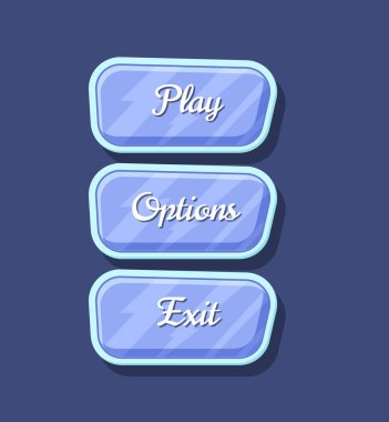 Parlak renkli bilgisayar oyunu menüsü arayüzü seti. Oynat, seçenekler ve çizgi film tuşlarından çık. Parlak kullanıcı tasarımı, uygulama grafiksel kullanıcı arayüzü, navigasyon nesneleri izole edilmiş vektör çizimi.