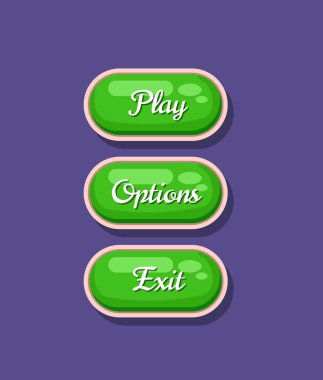 Uygulamalı grafik kullanıcı arayüzü çizgi film tasarımı seti. Oynat, seçenekleri kullan ve orijinal düğmelerden çık. Parlak kullanıcı yön bulma nesneleri, bilgisayar oyunu menüsü koleksiyonu izole edilmiş vektör illüstrasyonu.