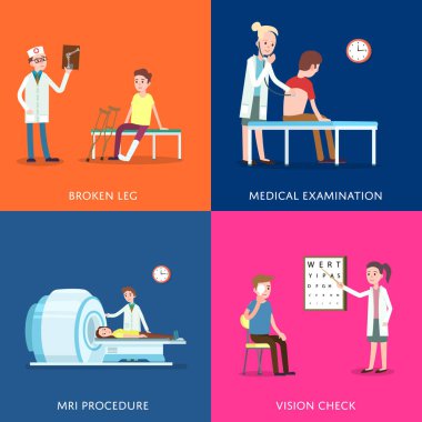 Tıbbi tedavi ve sağlık posterleri. Klinik analiz, kemik kırıklarının tedavisi tomografi tarama prosedürü, görüş kontrolü, tıbbi muayene. Klinik vektör illüstrasyonunda doktor ziyareti