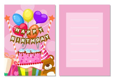 Mutlu yıllar çocuklar kartpostal seti. Tatil kutlaması, doğum günü pastalı tebrik kartı, oyuncak ayı ve hava balonları. Çocuk partisi için davet şablonları, olay kutlama vektörü illüstrasyonu