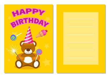 Mutlu doğum günü kartpostalları ve komik oyuncak ayılar. Bayram kutlaması konsepti, tebrik kartı çizimi. Çocuk partisi için davetiye şablonları, olay kutlaması.