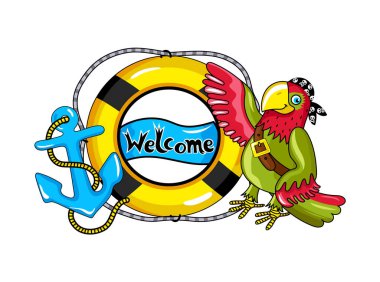 Can simidi ve sunucu ikonu olan bir papağan. Beyaz arkaplanda izole edilmiş korsan konsept vektör çizimi.