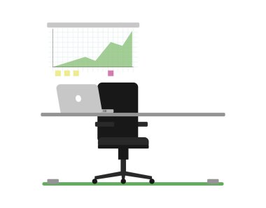 Laptop ikonlu iş yeri. Düz tasarımda modern ofis çalışma alanı konsepti vektör çizimi.