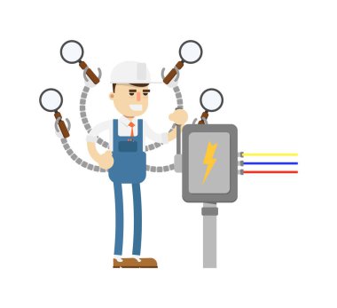 Büyüteçli üniformalı genç bir tamirci.