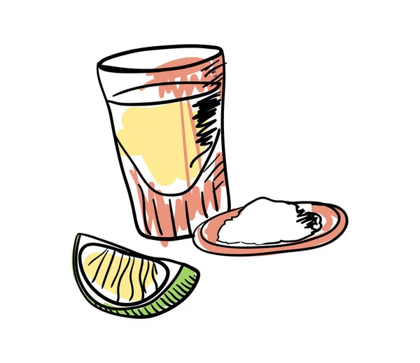 Tequila Shot Lime Hand Drawn Icon Που Απομονώνεται Λευκό Φόντο — Διανυσματικό Αρχείο