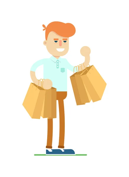 Hombre Sonriente Con Icono Bolsa Compras Compras Supermercado Ilustración Vectorial — Archivo Imágenes Vectoriales