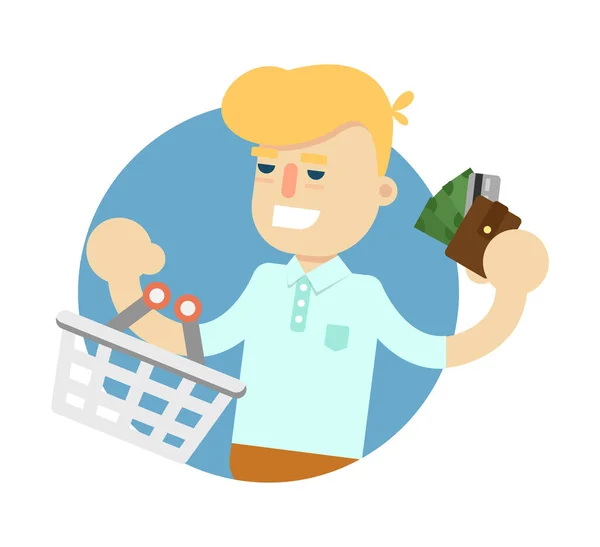 Hombre Sonriente Con Icono Cesta Compra Compras Supermercado Ilustración Vectorial — Archivo Imágenes Vectoriales