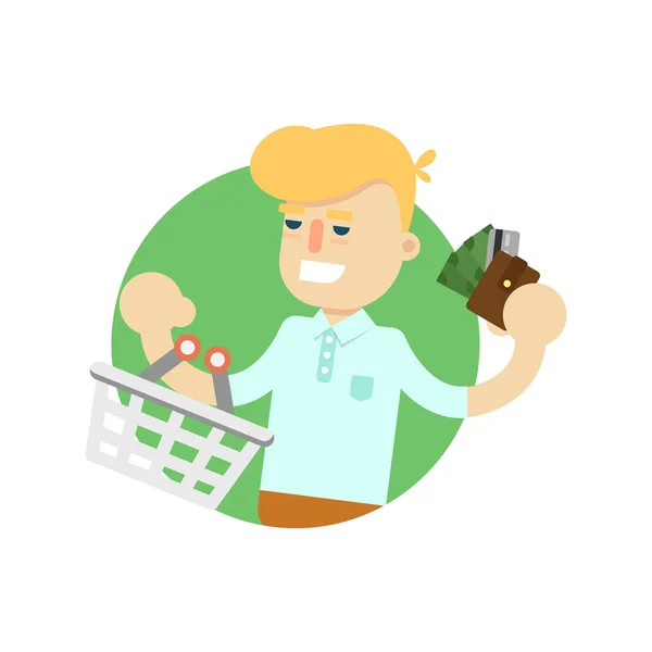 Man with shopping basket and money icon — Stock Vector