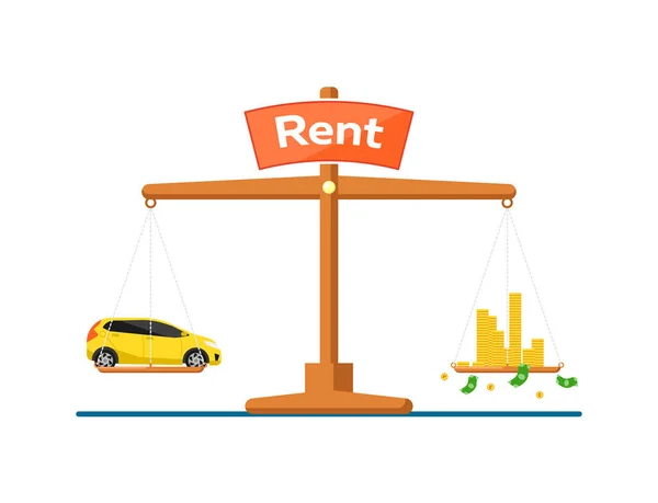 Rent car concept with car and money on scales — Stock Vector