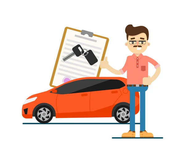 Rent car business concept with smiling dealer — Stock Vector