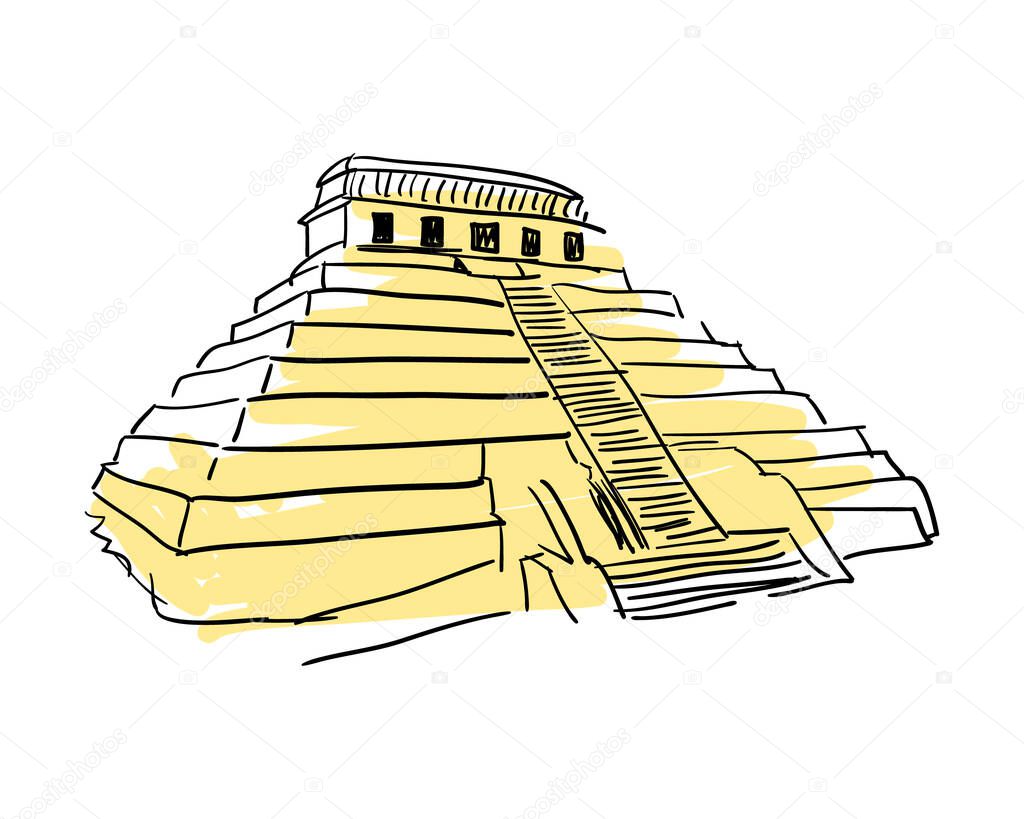 Pyramid Kukulkan hand drawn icon isolated on white background vector illustration. Mexican ethnic culture element, traditional symbol.