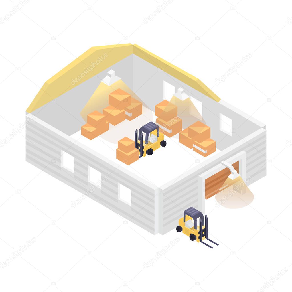 Isometric warehouse building with forklift icon. Local shipping service vector illustration isolated on white background.