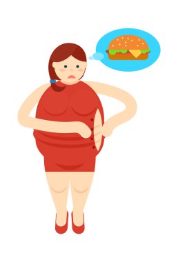 Hamburger ikonunu düşünen şişman kadın.