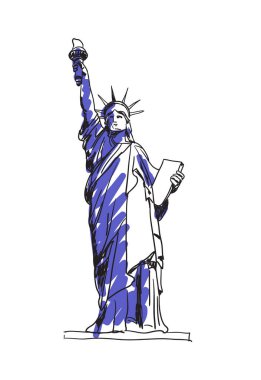 New York şehrinde özgürlük heykeli. El yazısı simgesi çizilmiş.