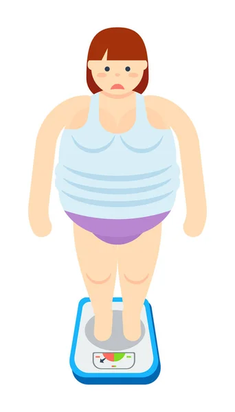 Fat woman stands on scales icon — Stock Vector