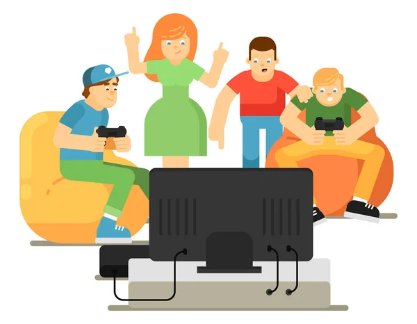 Emotional young people playing in video game — Stock Vector