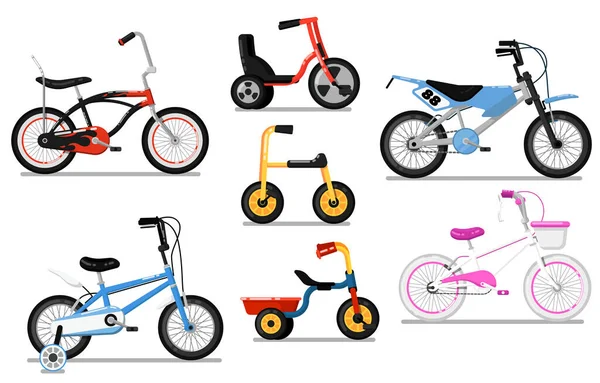 Διαφορετικοί τύποι παιδιών ποδήλατο απομονωμένο διανυσματικό σύνολο — Διανυσματικό Αρχείο