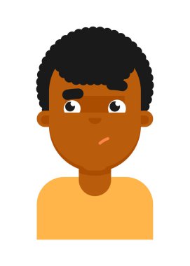 Siyah çocuk avatarın kafa karıştırıcı yüz ifadesi. Genç Afrikalı erkek yüzü, insan simgesi, beyaz arkaplanda izole edilmiş emoji vektör çizimleri.