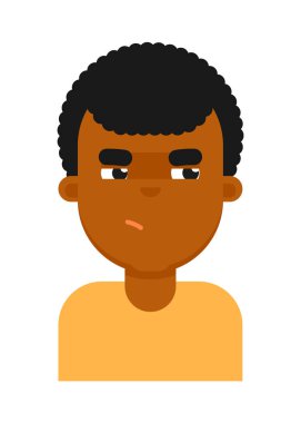 Siyah çocuk avatarın sinsi yüz ifadesi. Genç Afrikalı erkek yüzü, insan simgesi, beyaz arkaplanda izole edilmiş emoji vektör çizimleri.
