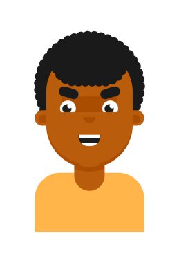 Siyah çocuk avatarının şeytani yüz ifadesi. Genç Afrikalı erkek yüzü, insan simgesi, beyaz arkaplanda izole edilmiş emoji vektör çizimleri.