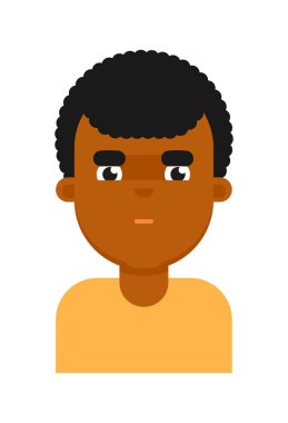 Siyah çocuk avatarın düşünceli yüz ifadesi. Genç Afrikalı erkek yüzü, insan simgesi, beyaz arkaplanda izole edilmiş emoji vektör çizimleri.