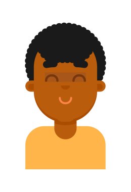 Siyah çocuk avatarın tatmin olmuş yüz ifadesi. Genç Afrikalı erkek yüzü, insan simgesi, beyaz arkaplanda izole edilmiş emoji vektör çizimleri.