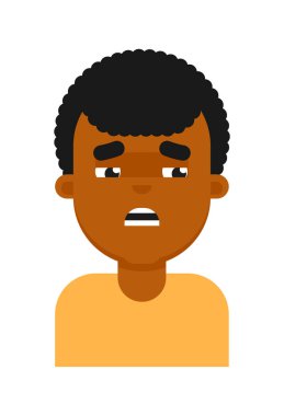 Siyah çocuk avatarının yorgun yüz ifadesi. Genç Afrikalı erkek yüzü, insan simgesi, beyaz arkaplanda izole edilmiş emoji vektör çizimleri.