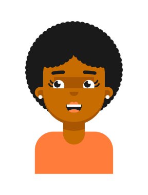 Siyah kız avatarın sürpriz yüz ifadesi. Genç Afrikalı kadın yüzü, insan simgesi, beyaz arkaplanda izole edilmiş emoji vektör çizimleri.