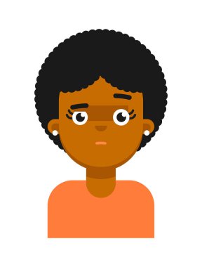 Siyahi kız avatarının yüz ifadesinden korkmak. Genç Afrikalı kadın yüzü, insan simgesi, beyaz arkaplanda izole edilmiş emoji vektör çizimleri.