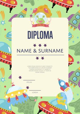 Diploma karikatürü şablonu. Uzay gemisi, yıldızlar. Gezegenler, kuyruklu yıldızlar. Bilimsel yarışmada zafer ödülü için. Çizgi roman uzay diploması şablonu.