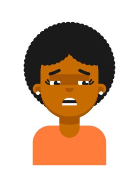 Siyah kız avatarın üzgün yüz ifadesi. Genç Afrikalı kadın yüzü, insan simgesi, beyaz arkaplanda izole edilmiş emoji vektör çizimleri.