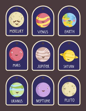 Güneş Sistemi gezegenlerinin karikatürlerinin mavi etiketleri. Gülümseyen Venüs, Dünya, Merkür. Jüpiter, Mars, Satürn, Uranüs, Neptün, çocuk kıyafetleri, oyuncak etiketleri, indirim kartları için Plüton vektör çizimleri