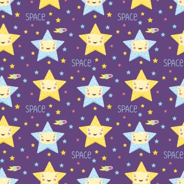 Dış uzay çizgi filmlerindeki komik yıldızlar kusursuz desenler. Mor arkaplanda gülümseyen yüzleri ve ateşli kuyruklu yıldızları olan sevimli mavi ve sarı yıldızlar. Paket, tebrik kartı, davetiye