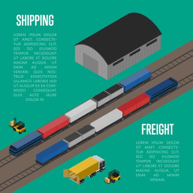 Nakliye yükü izometrik sancak taşıyıcı illüstrasyonu. Forklift kamyonları yük vagonunu ve yük trenini demiryolu deposuna yüklüyor. Sevkiyat lojistiği, teslimat ulaşımı, nakliye deposu