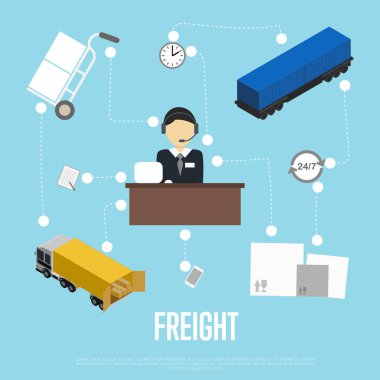 Logistics and freight shipment flowchart isometric vector illustration. Services operator coordinating cargo transportation. Warehouse logistics manager, freight train and commercial truck clipart
