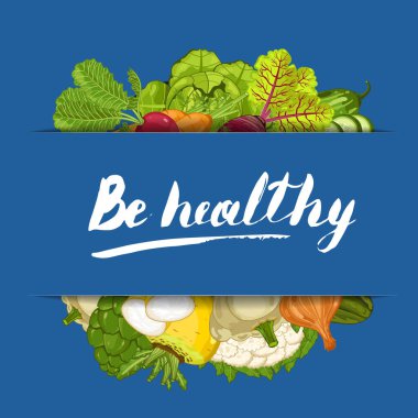 Sağlıklı afiş vektör illüstrasyonu olun. Doğal sebze yetiştirme, organik tarım perakendecisi, vegan ürün mağazası posteri. Biber, turp, lahana, havuç, pancar ve pastırmalı sağlıklı yemek reklamı.