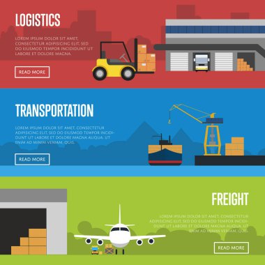 Lojistik ve nakliye sancakları vektör illüstrasyonu. Kargo jet uçağı yükleme, vinç nakliye gemisi ve depo yakınında kutuları olan forklift. Depo lojistiği, nakliye teslimatı.