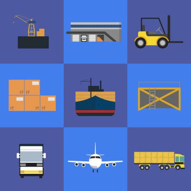 Lojistik ve nakliye simgeleri izole edilmiş vektör çizimleri. Kargo jet uçağı, yük vinci, forklift, depo terminali, ticari kamyon, yük gemisi. Dünya çapında dağıtım