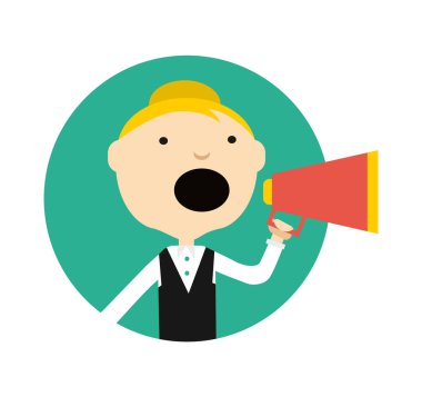 Megafon yuvarlak avatar ikonu olan kadın beyaz arka plan vektör illüstrasyonunda izole edilmiş. Düz dizaynlı insanlar.