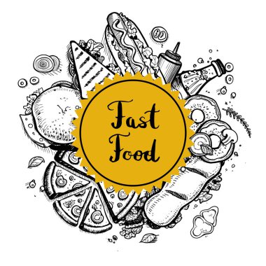 Fast food vintage el yapımı grafik tasarımı. Restoran menüsü çizimi, hamburger, pizza, patates kızartması, sosisli sandviç. Kafe fiyat kataloğu, abur cubur retro poster ve abur cubur çizimleri.