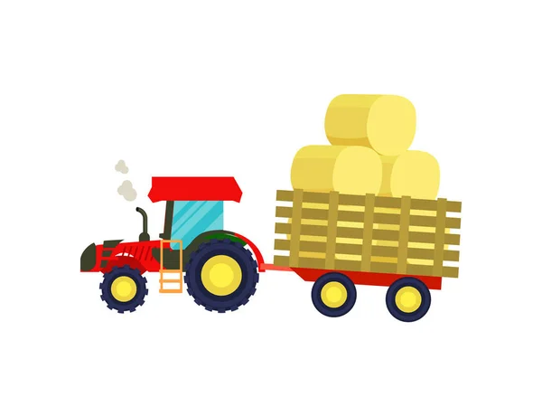 拖车图标上有一球干草的拖拉机 农村工业农机具 农机具隔离病媒平面设计图解 — 图库矢量图片
