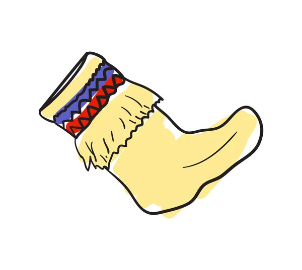白い背景のベクトルイラストに孤立したウールの靴下の手描きのアイコン 北方民族文化要素ベクトル図 — ストックベクタ