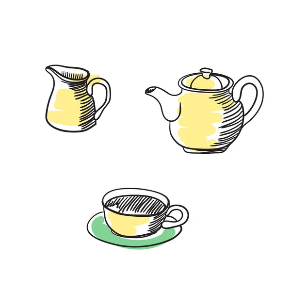 Tea Service Disegnato Mano Icona Isolata Elemento Cultura Inglese Illustrazione — Vettoriale Stock