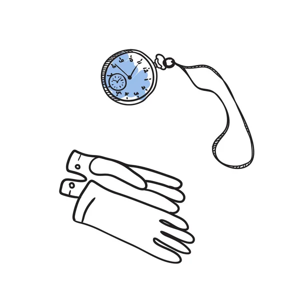 Luvas Vintage Relógio Mão Desenhada Ícone Isolado Elemento Cultura Inglesa —  Vetores de Stock