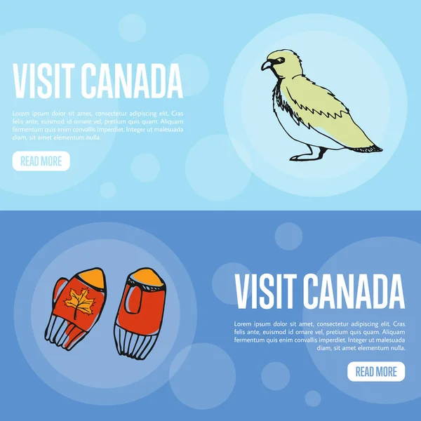 Bezoek Canada Horizontale Banners Gebreide Wanten Stenenptarmigan Met Hand Getekend — Stockvector