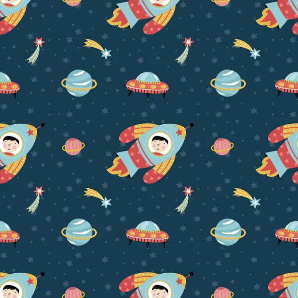 Space interstellar travels cartoon seamless pattern. Spaceship with astronaut, stars, comets, saturn planet, flying saucers vector on blue background. For wrapper, greeting cards, holiday invitations