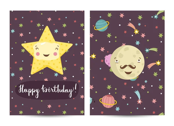 Feliz Cumpleaños Tarjeta Felicitación Dibujos Animados Sobre Tema Del Espacio — Vector de stock