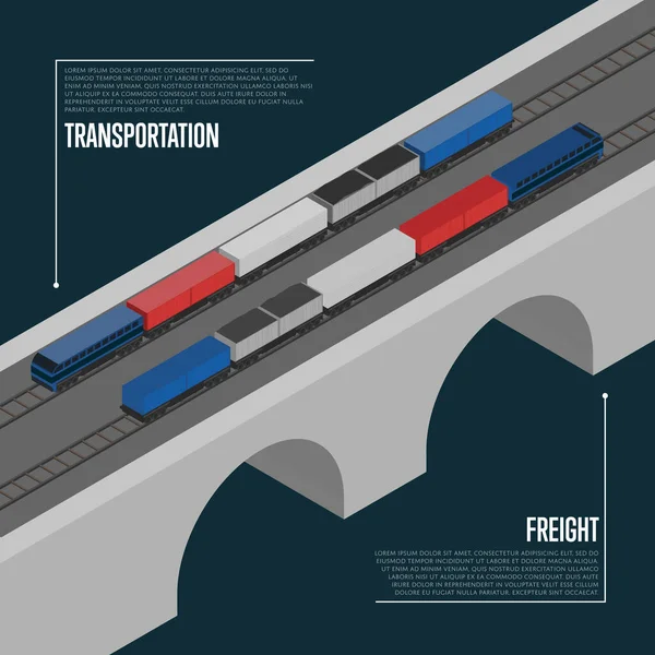 Μεταφορά Φορτίου Ισομετρική Εικονογράφηση Διάνυσμα Πανό Φορτηγό Τρένο Στη Σιδηροδρομική — Διανυσματικό Αρχείο
