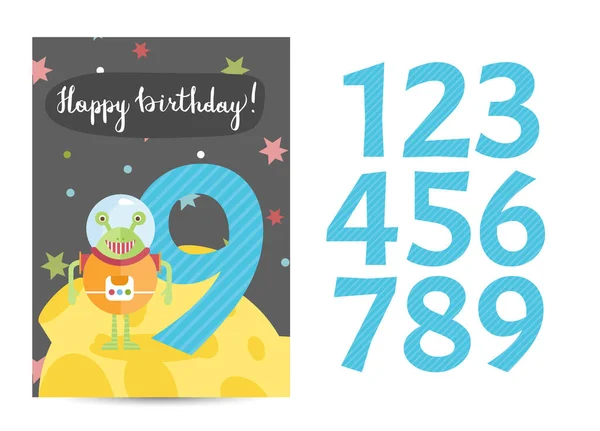 Feliz Cumpleaños Plantilla Tarjeta Felicitación Dibujos Animados Con Dígitos Establecidos — Archivo Imágenes Vectoriales
